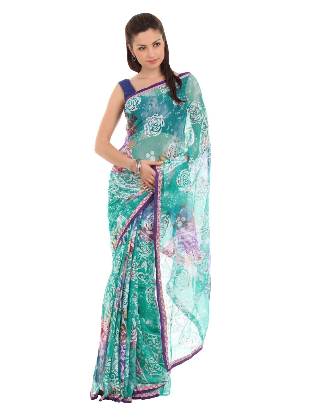 FNF Blue & White Printed Sari