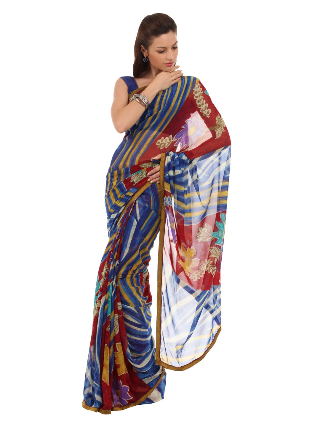 FNF Red & Blue Printed Sari