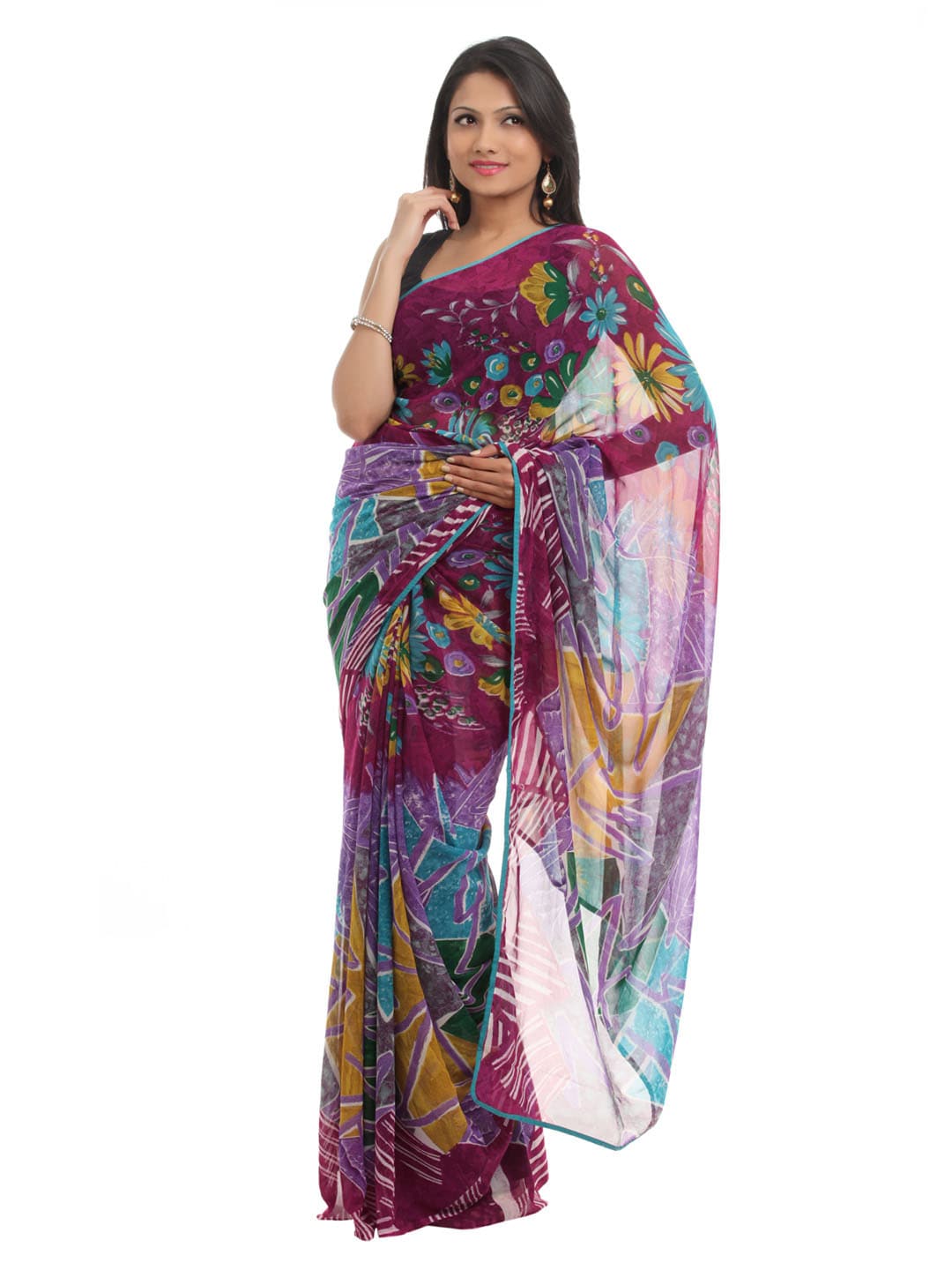 FNF Purple & Blue Printed Sari