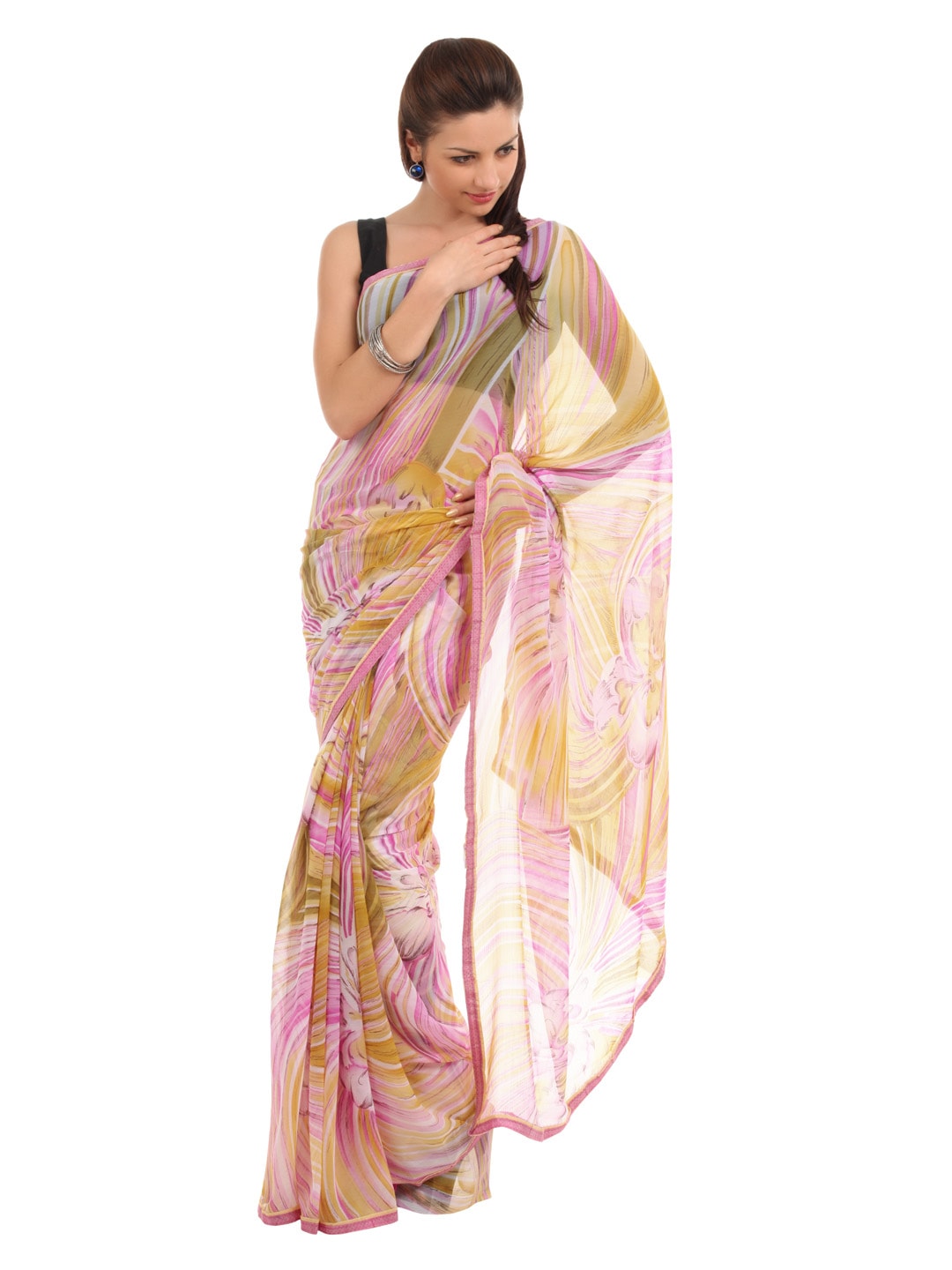 FNF Pink & Yellow Printed Evening Wear Sari
