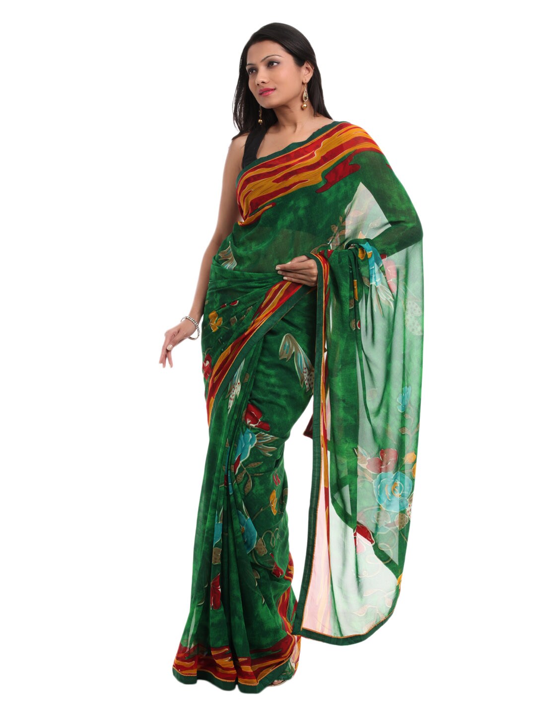 FNF Green & Red Printed Sari