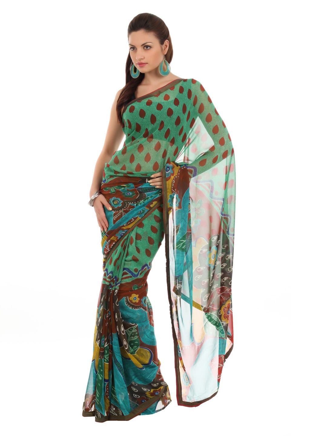 FNF Green Printed Evening Wear Sari