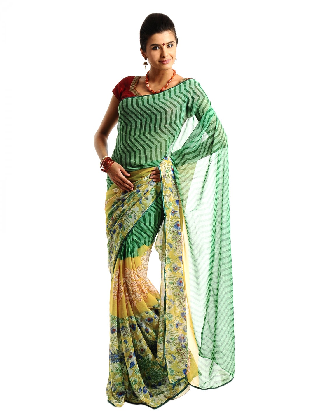FNF Yellow & Green Evening Wear Sari